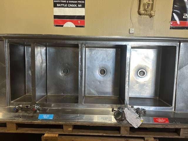 4 SINKS IN ONE UNIT, 1 SMALL AND 3 LARGE HOT/COLD FAUCETS 4 PLUG DRAIN LEVERS UNDERSIDE WITH BACK SPLASH - Bargains R Ours - #collection_name#