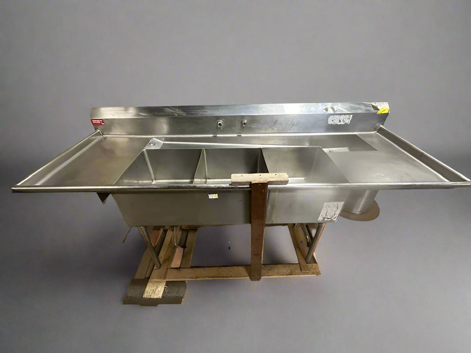 AMERICAN DELPHI INC STAINLESS STEEL 3 COMPARTMENT SEAFOOD WASH SINK TABLE AND LARGE GARBAGE CHUTE OPENING 2 WATER JETS - Bargains R Ours - #collection_name#