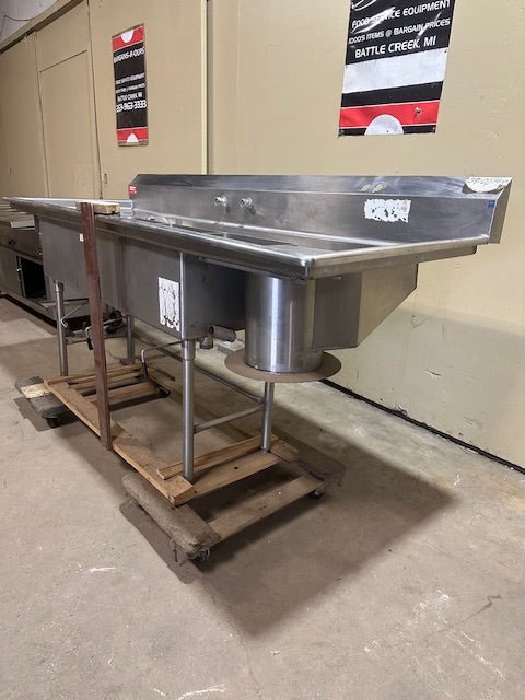 AMERICAN DELPHI INC STAINLESS STEEL 3 COMPARTMENT SEAFOOD WASH SINK TABLE AND LARGE GARBAGE CHUTE OPENING 2 WATER JETS - Bargains R Ours - #collection_name#