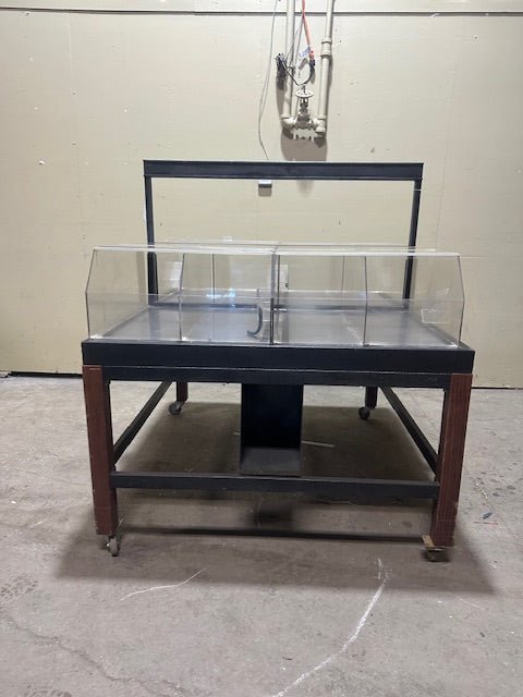 CUSTOM BUILT STEEL FRAMED DOUBLE SIDED ACRYLIC DISPLAY CART MERCHANDISER SELF SERVICE ON CASTERS - Bargains R Ours - #collection_name#