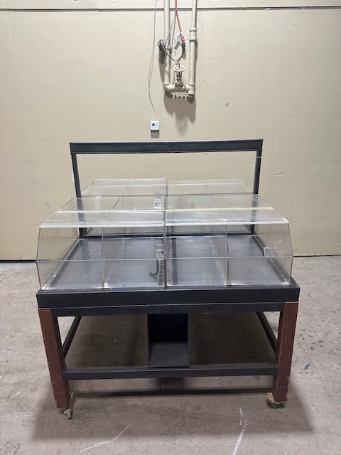 CUSTOM BUILT STEEL FRAMED DOUBLE SIDED ACRYLIC DISPLAY CART MERCHANDISER SELF SERVICE ON CASTERS - Bargains R Ours - #collection_name#