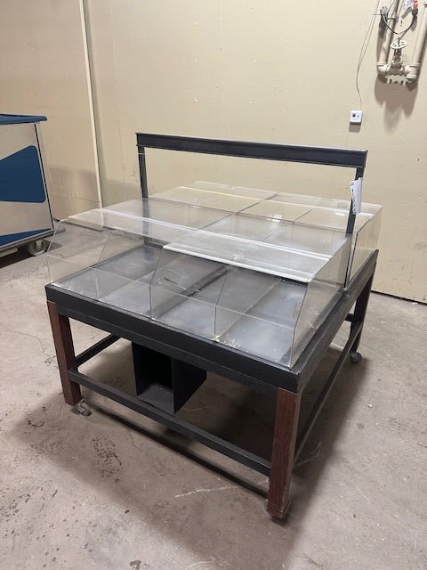 CUSTOM BUILT STEEL FRAMED DOUBLE SIDED ACRYLIC DISPLAY CART MERCHANDISER SELF SERVICE ON CASTERS - Bargains R Ours - #collection_name#