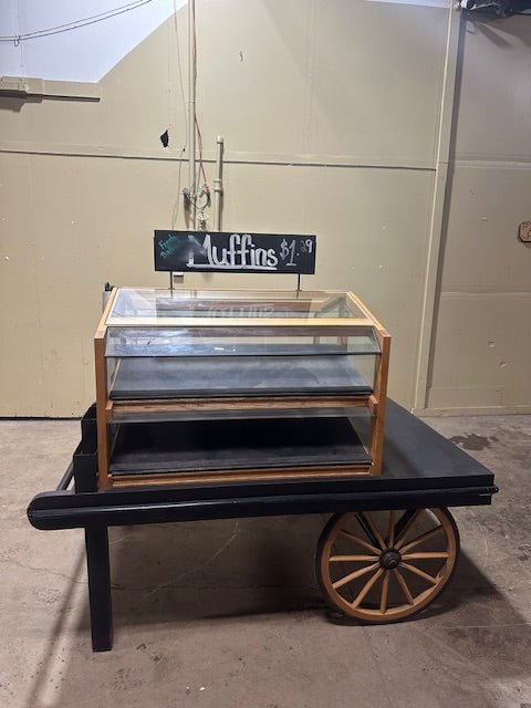 CUSTUM BUILT LIGHTED BAKERY WAGON WOODEN/GLASS HIGH END FINISHED DOUBLE SIDED 4 SHELF SELF SERVICE DISPLAY MERCHANDISER - Bargains R Ours - #collection_name#