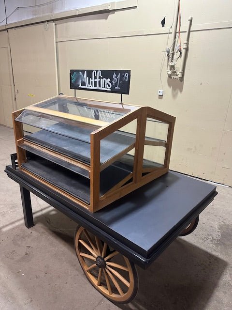 CUSTUM BUILT LIGHTED BAKERY WAGON WOODEN/GLASS HIGH END FINISHED DOUBLE SIDED 4 SHELF SELF SERVICE DISPLAY MERCHANDISER - Bargains R Ours - #collection_name#