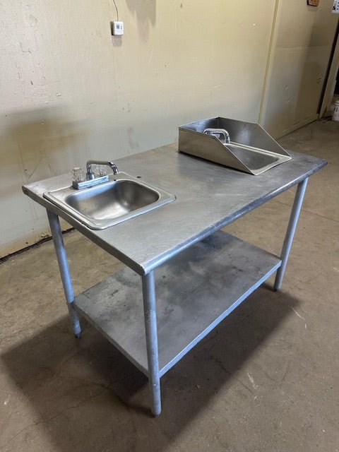 EAGLE GROUP STAINLESS STEEL PREP TABLE WITH 2 SINKS AND SHELF HOT/COLD WATER LINE HOOK UPS - Bargains R Ours - #collection_name#