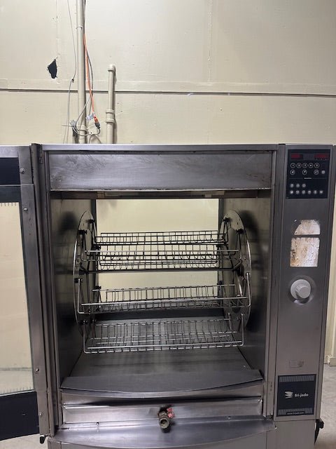 FRI - JADO DUAL PHASE HEAVY DUTY COMMERCIAL DOUBLE PASS ROTISSERIE CHICKEN OVEN WITH&nbsp;9 CHICKEN HOLDER BASKETS WITH GREASE CATCHER PANS AND BOTTOM STORAGE COMPARTMENTS AND 2 DRAWERS - Bargains R Ours - #collection_name#