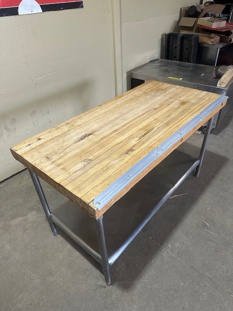 HEAVY DUTY COMMERCIAL CUSTOM BUILT BUTCHER TABLE WITH STAINLESS STEEL UNDER SHELF ON LEGS - Bargains R Ours - #collection_name#