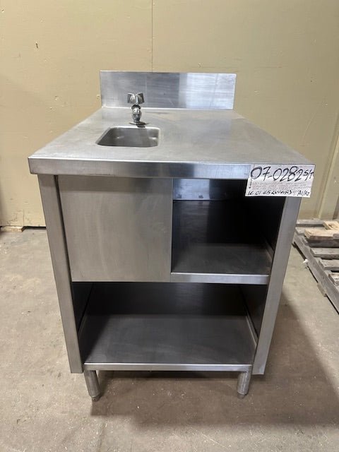 INTERNATIONAL DAIRY QUEEN INC. STAINLESS STEEL SERVICING TABLE STATION AND WASH SINK BOWL WITH FAUCET, BACK SPLASH AND UNDER STORAGE COMPARTMENT - Bargains R Ours - #collection_name#