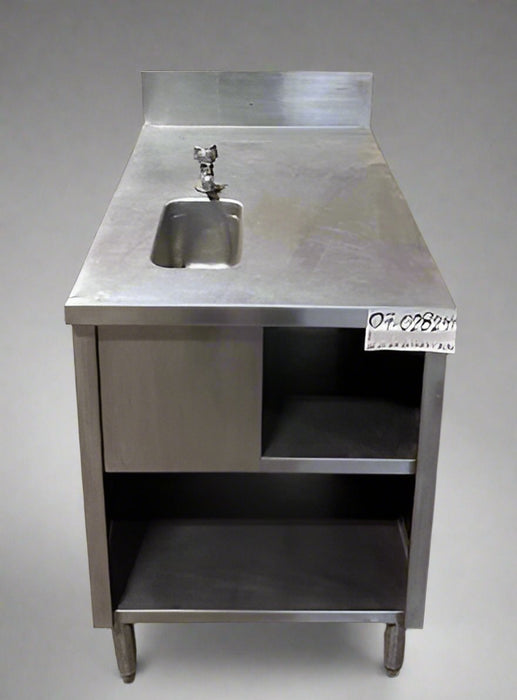 INTERNATIONAL DAIRY QUEEN INC. STAINLESS STEEL SERVICING TABLE STATION AND WASH SINK BOWL WITH FAUCET, BACK SPLASH AND UNDER STORAGE COMPARTMENT - Bargains R Ours - #collection_name#