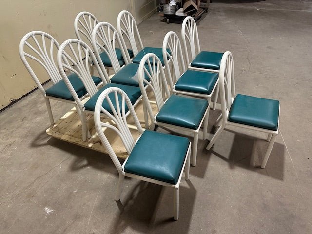 ****LOT OF 10**** LIGHT WEIGHT METAL WHITE CHAIRS + GREEN CUSHION - Bargains R Ours - #collection_name#