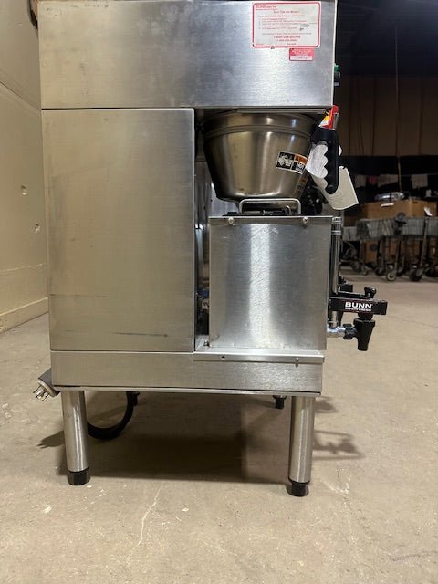 ***MECHANIC SPECIAL*** BUNN STAINLESS STEEL HEAVY DUTY COMMERCIAL COUNTER TOP DUAL COFFEE GRINDER/BREWER WITH WARMERS AND HOT WATER SPIGOT ON LEGS - Bargains R Ours - #collection_name#