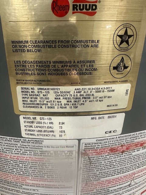 RHEEM RUUD UNIVERSAL COMMERCIAL 125,000 BTU NATURAL GAS WATER HEATER 73 GALLON CAPACITY - Bargains R Ours - #collection_name#