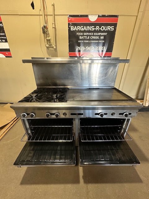 US RANGE HEAVY DUTY COMMERCIAL STAINLESS STEEL 4 BURNER STOVE WITH GRIDDLE PLUS BOTTOM STANDARD OVEN BASE WITH BACK SPLASH GUARD WITH TOP SHELF OPEN TOP - Bargains R Ours - #collection_name#