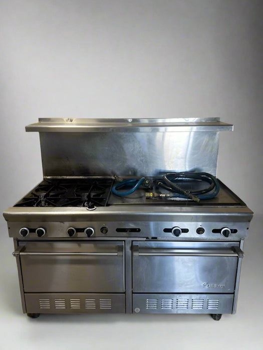 US RANGE HEAVY DUTY COMMERCIAL STAINLESS STEEL 4 BURNER STOVE WITH GRIDDLE PLUS BOTTOM STANDARD OVEN BASE WITH BACK SPLASH GUARD WITH TOP SHELF OPEN TOP - Bargains R Ours - #collection_name#