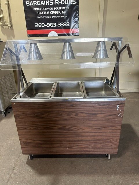 VOLLRATH 3 WELLS HOT FOOD BUFFET TABLE WITH LIGHTED SNEEZE GUARD ON CASTERS - Bargains R Ours - #collection_name#